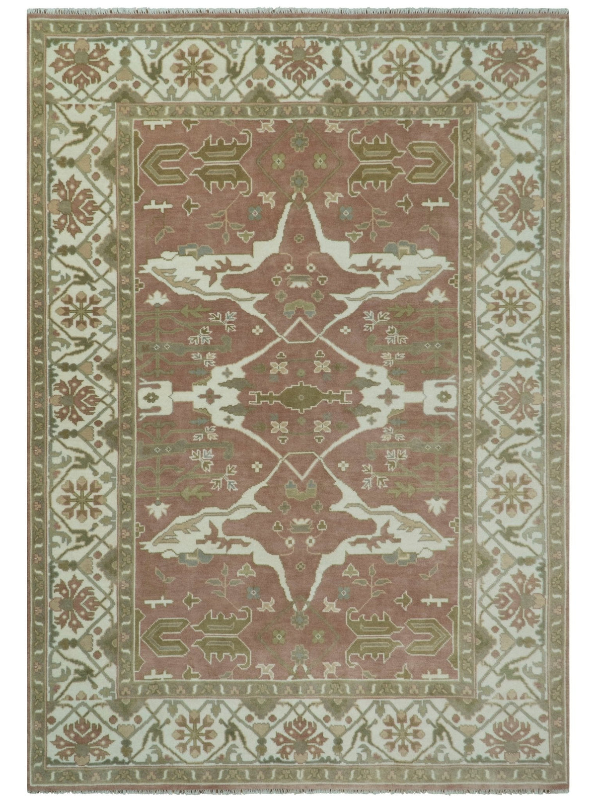 Peach, Ivory and Olive Hand knotted Multi size Oriental Oushak Traditional Wool Area Rug.