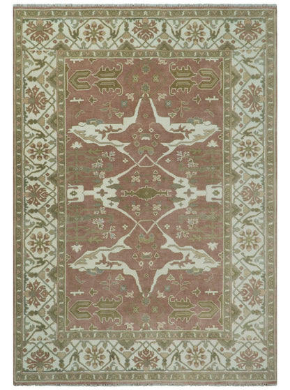 Peach, Ivory and Olive Hand knotted Multi size Oriental Oushak Traditional Wool Area Rug.