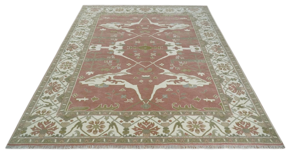Peach, Ivory and Olive Hand knotted Multi size Oriental Oushak Traditional Wool Area Rug.