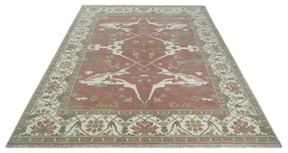 Peach, Ivory and Olive Hand knotted Multi size Oriental Oushak Traditional Wool Area Rug.