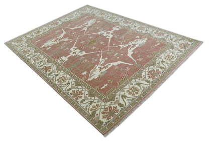 Peach, Ivory and Olive Hand knotted Multi size Oriental Oushak Traditional Wool Area Rug.