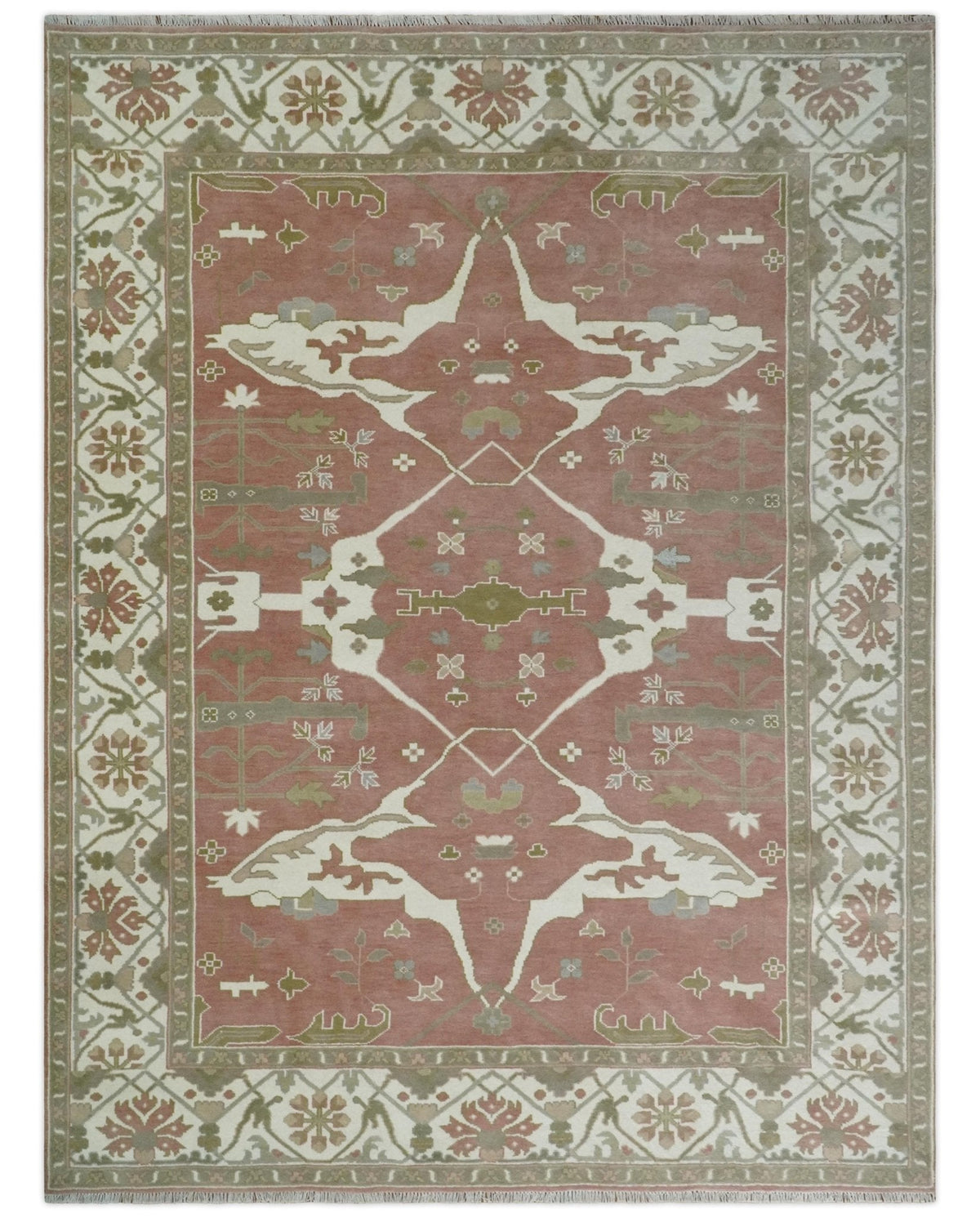 Peach, Ivory and Olive Hand knotted Multi size Oriental Oushak Traditional Wool Area Rug.