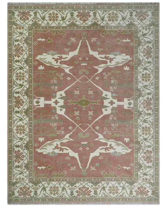 Peach, Ivory and Olive Hand knotted Multi size Oriental Oushak Traditional Wool Area Rug.