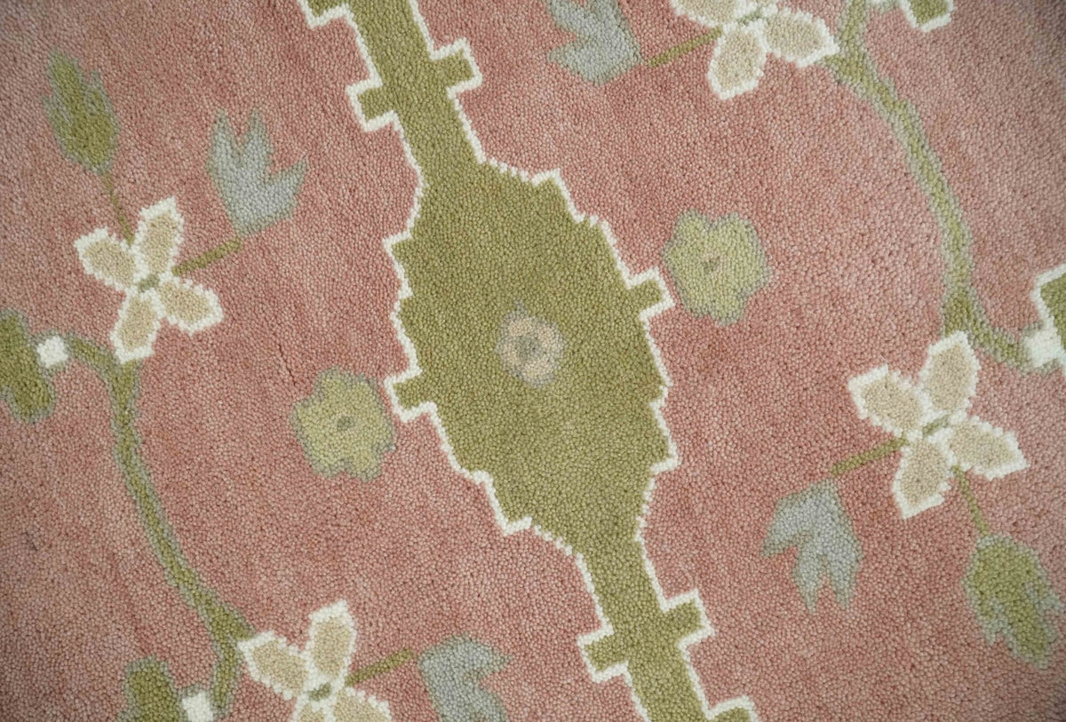 Peach, Ivory and Olive Hand knotted Multi size Oriental Oushak Traditional Wool Area Rug.