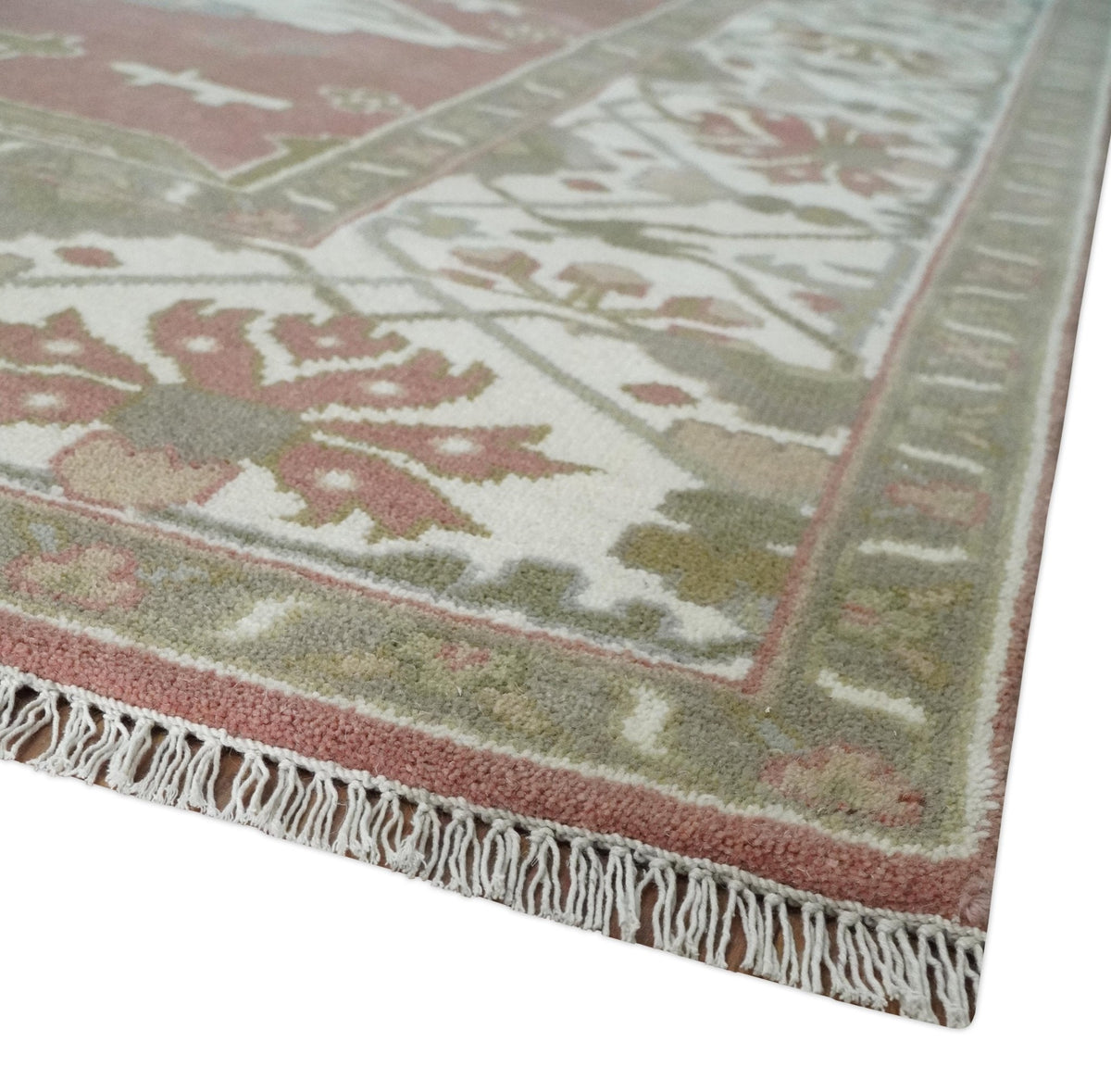 Peach, Ivory and Olive Hand knotted Multi size Oriental Oushak Traditional Wool Area Rug.