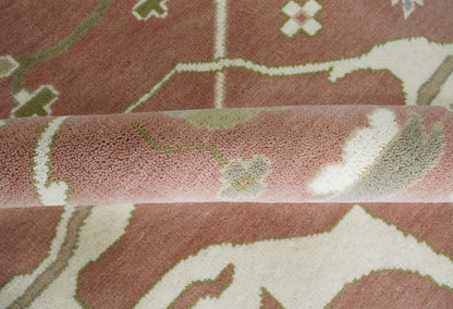 Peach, Ivory and Olive Hand knotted Multi size Oriental Oushak Traditional Wool Area Rug.