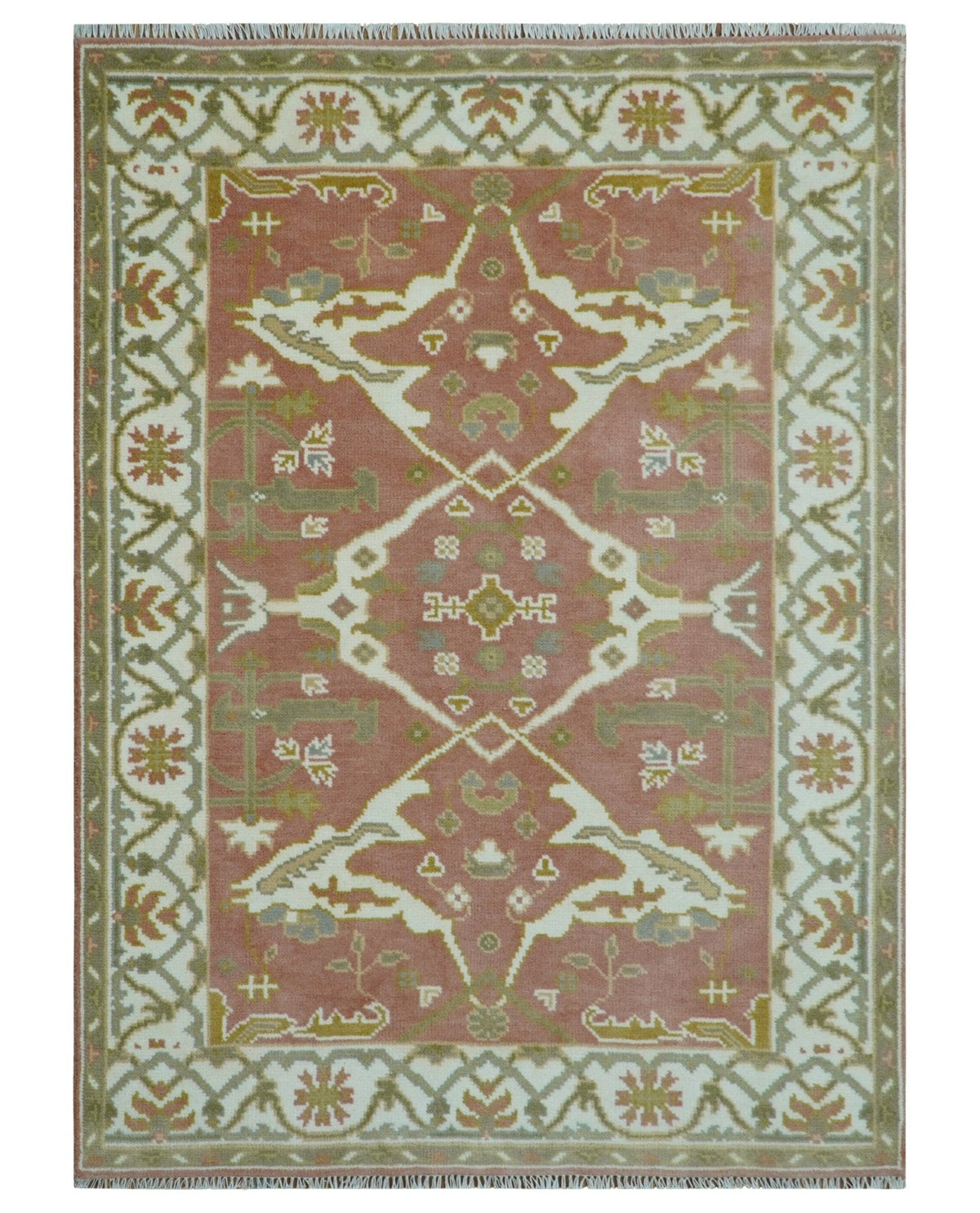 Peach, Ivory and Olive Hand knotted Multi size Oriental Oushak Traditional Wool Area Rug.