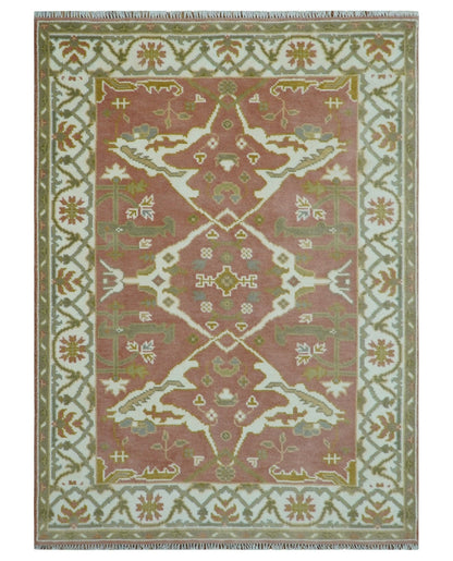 Peach, Ivory and Olive Hand knotted Multi size Oriental Oushak Traditional Wool Area Rug.