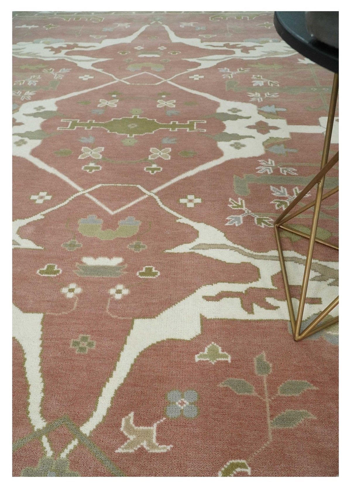 Peach, Ivory and Olive Hand knotted Multi size Oriental Oushak Traditional Wool Area Rug.