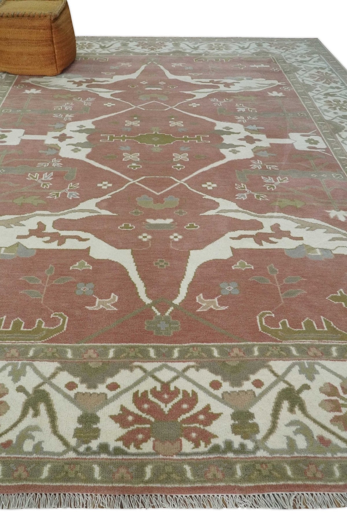 Peach, Ivory and Olive Hand knotted Multi size Oriental Oushak Traditional Wool Area Rug.