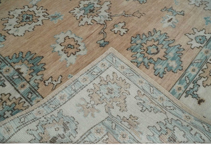 Peach, Ivory and Teal Hand knotted Traditional Oushak Multi Size wool Area Rug.