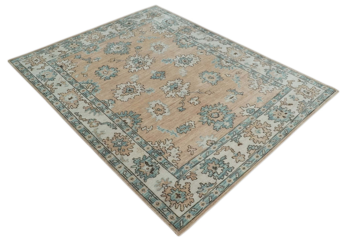 Peach, Ivory and Teal Hand knotted Traditional Oushak Multi Size wool Area Rug.