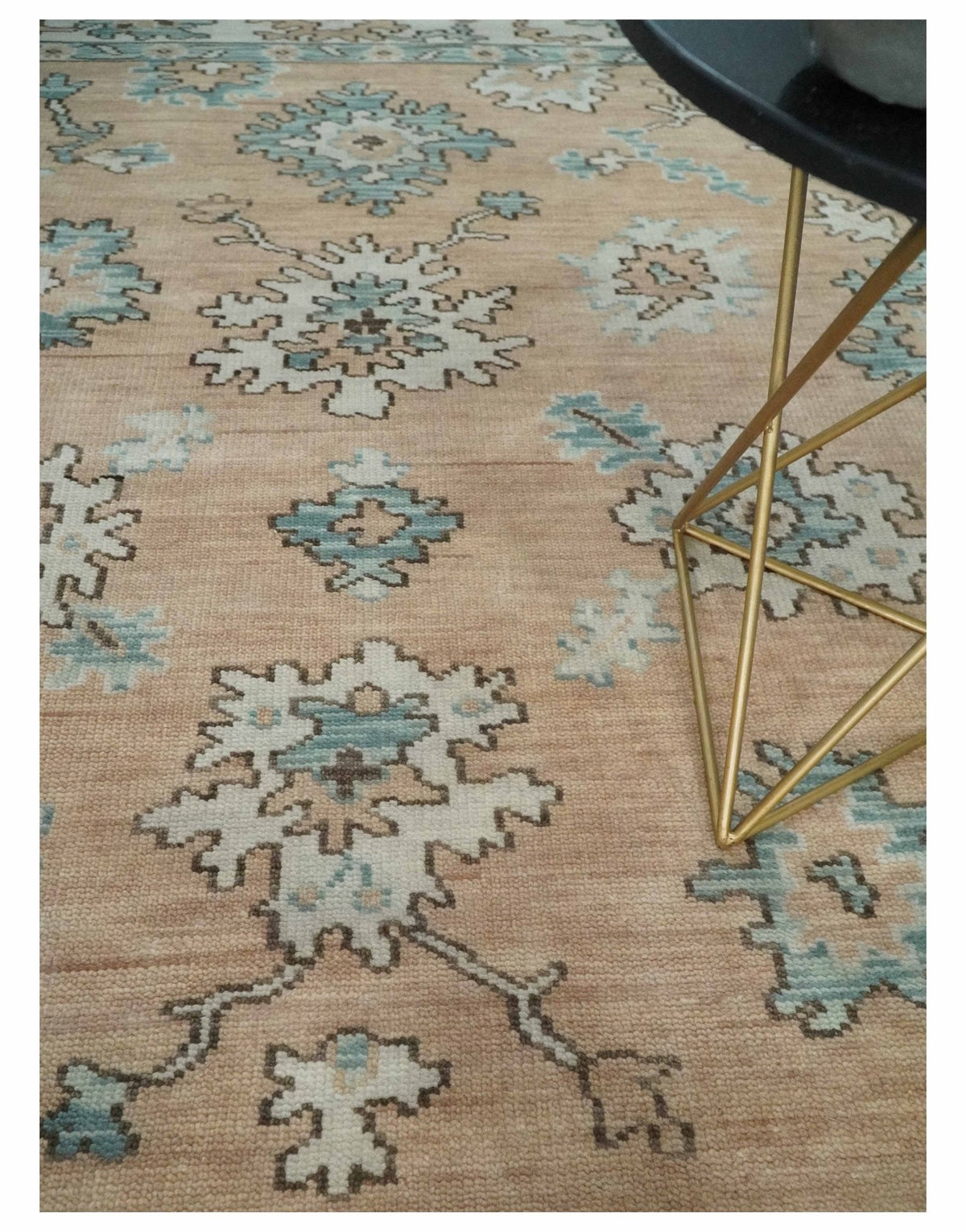 Peach, Ivory and Teal Hand knotted Traditional Oushak Multi Size wool Area Rug.