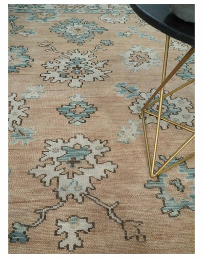 Peach, Ivory and Teal Hand knotted Traditional Oushak Multi Size wool Area Rug.