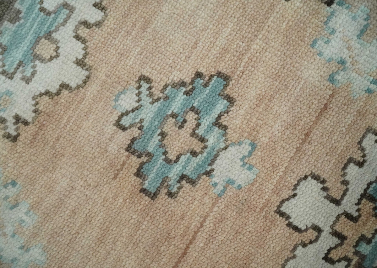 Peach, Ivory and Teal Hand knotted Traditional Oushak Multi Size wool Area Rug.