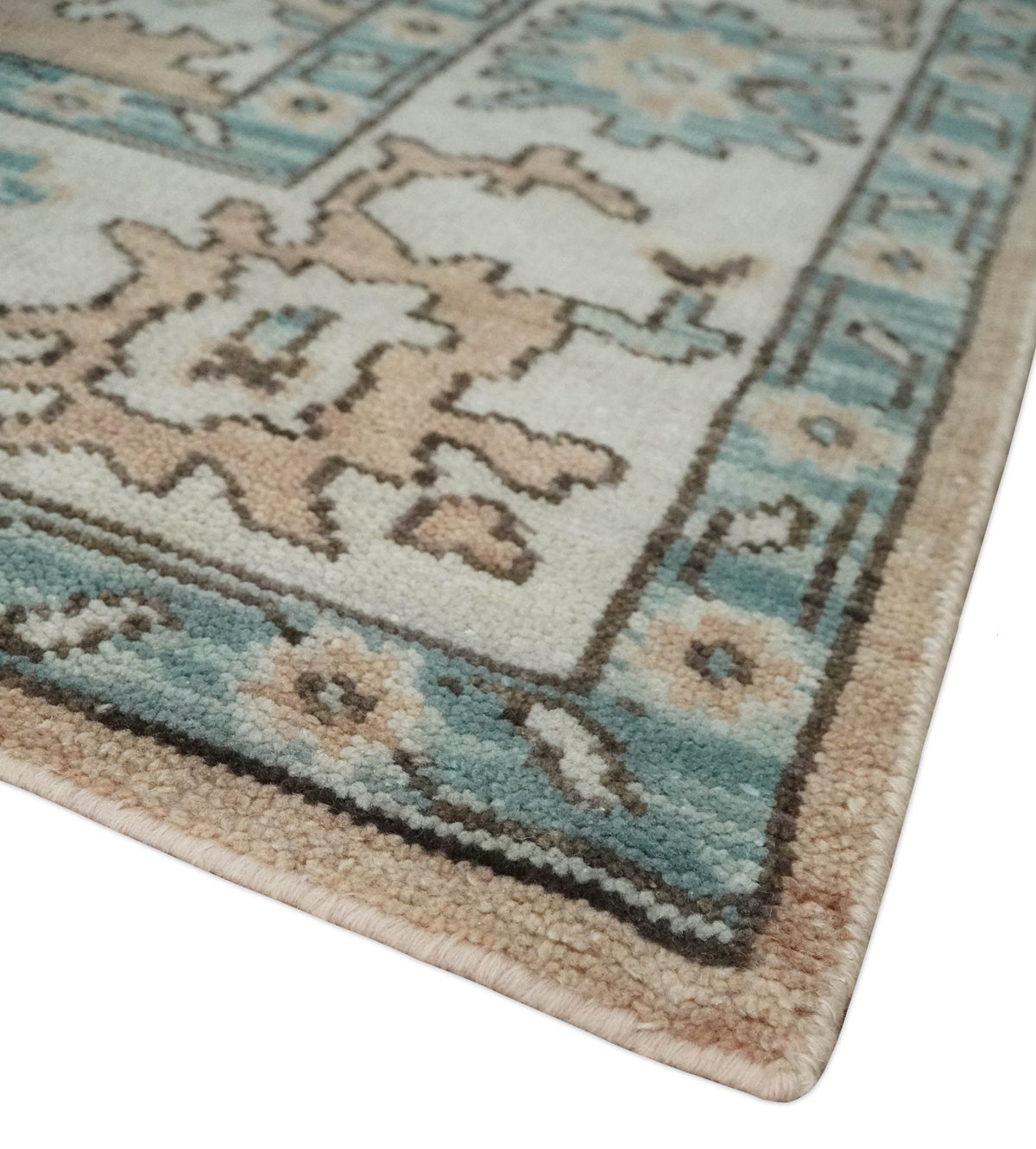 Peach, Ivory and Teal Hand knotted Traditional Oushak Multi Size wool Area Rug.