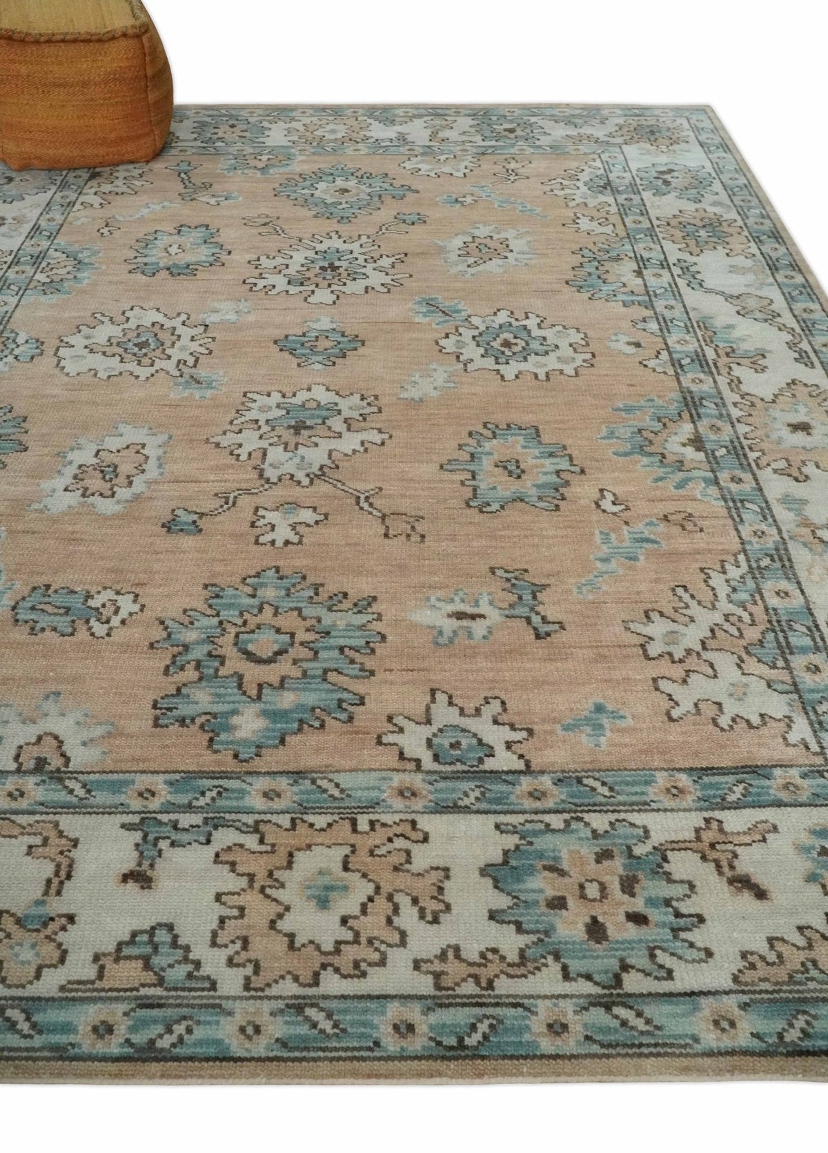Peach, Ivory and Teal Hand knotted Traditional Oushak Multi Size wool Area Rug.