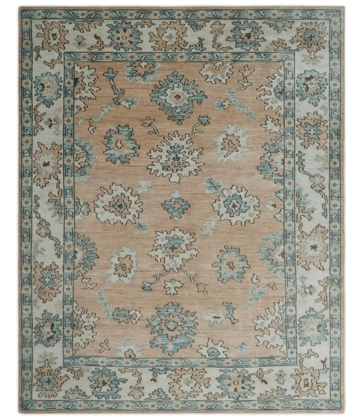 Peach, Ivory and Teal Hand knotted Traditional Oushak Multi Size wool Area Rug.