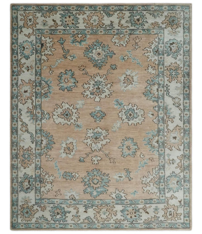 Peach, Ivory and Teal Hand knotted Traditional Oushak Multi Size wool Area Rug.