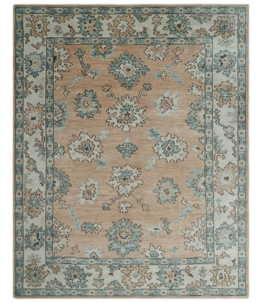 Peach, Ivory and Teal Hand knotted Traditional Oushak Multi Size wool Area Rug.