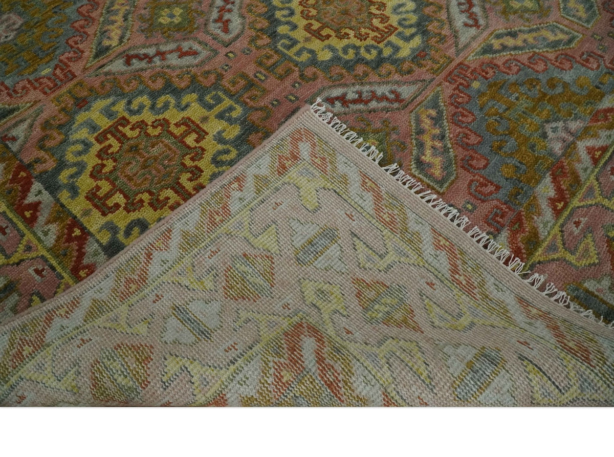 Peach, Mustard, Brown and Gray Oriental Hand Knotted Multi Size Wool Area Rug, Living Room and Bedroom Rug.