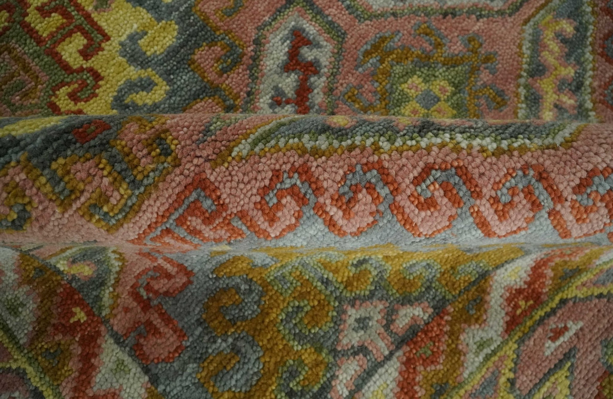 Peach, Mustard, Brown and Gray Oriental Hand Knotted Multi Size Wool Area Rug, Living Room and Bedroom Rug.