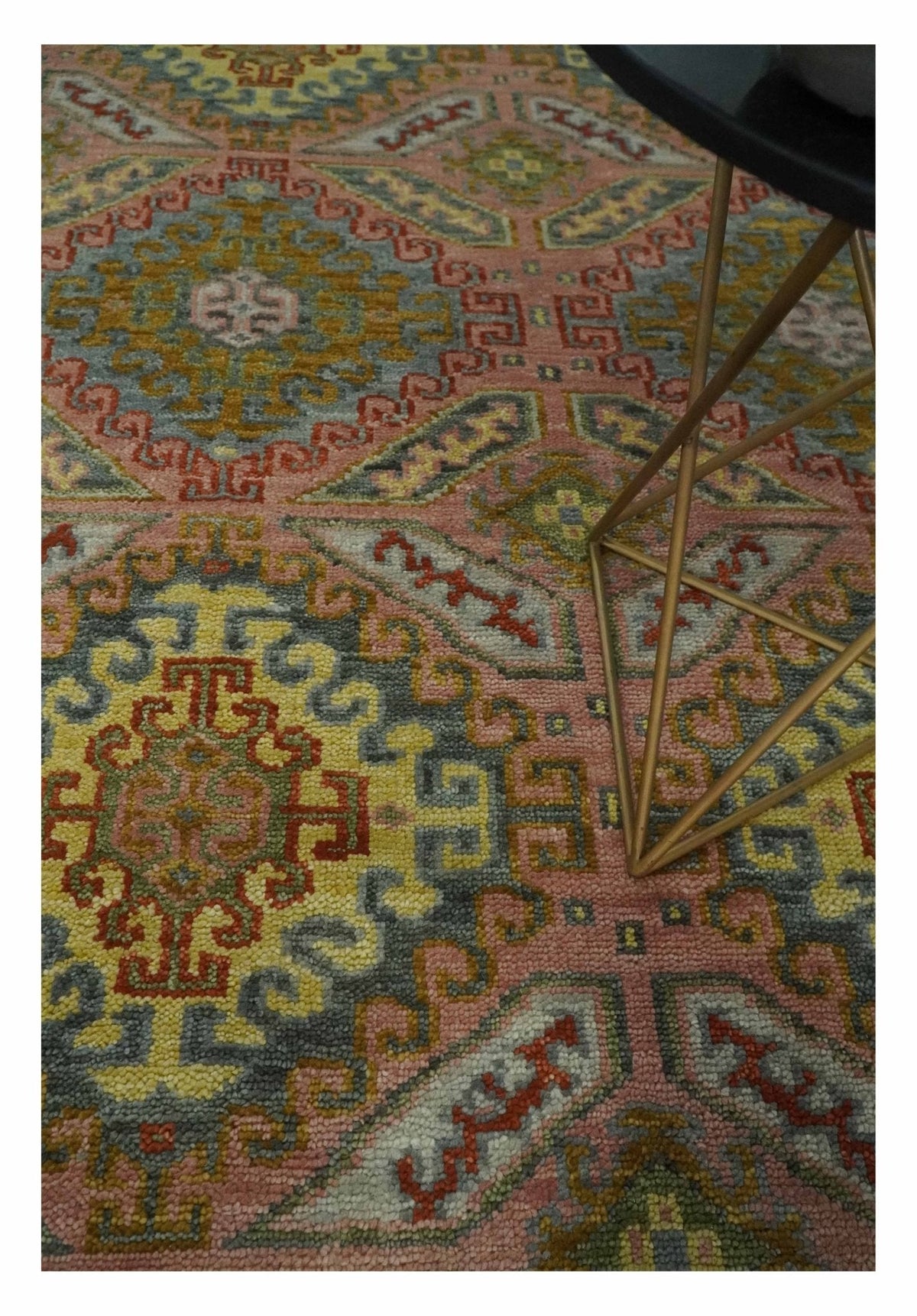 Peach, Mustard, Brown and Gray Oriental Hand Knotted Multi Size Wool Area Rug, Living Room and Bedroom Rug.