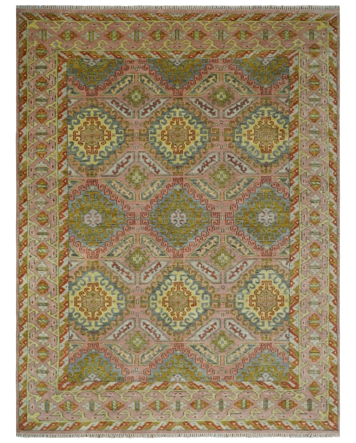 Peach, Mustard, Brown and Gray Oriental Hand Knotted Multi Size Wool Area Rug, Living Room and Bedroom Rug.