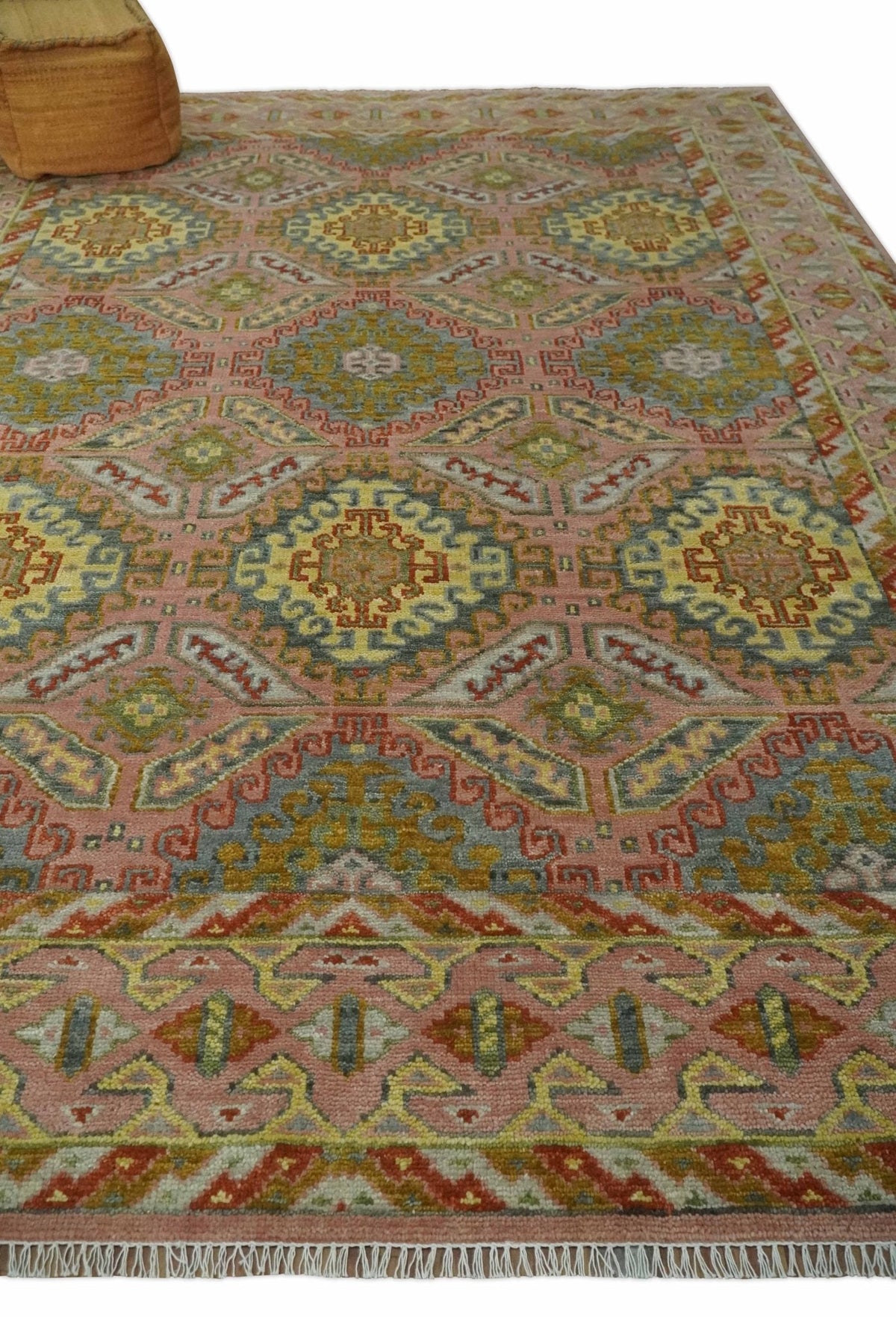 Peach, Mustard, Brown and Gray Oriental Hand Knotted Multi Size Wool Area Rug, Living Room and Bedroom Rug.