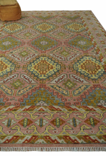 Peach, Mustard, Brown and Gray Oriental Hand Knotted Multi Size Wool Area Rug, Living Room and Bedroom Rug.