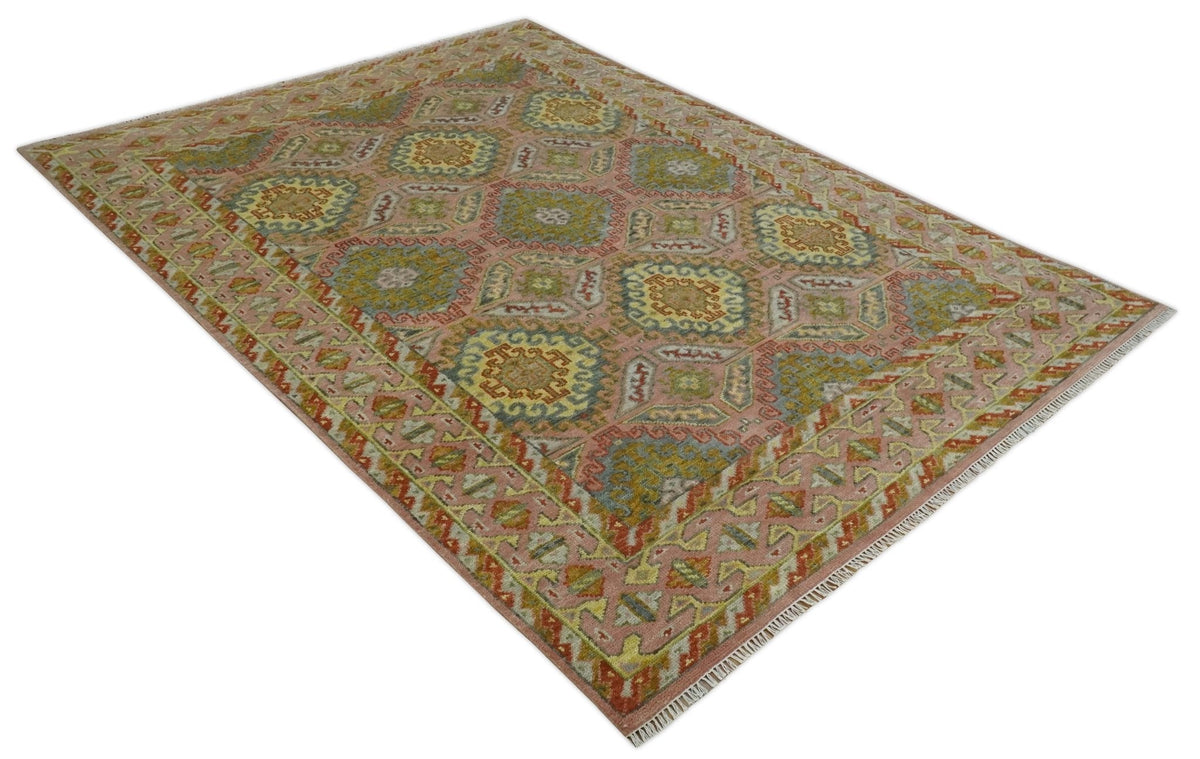 Peach, Mustard, Brown and Gray Oriental Hand Knotted Multi Size Wool Area Rug, Living Room and Bedroom Rug.
