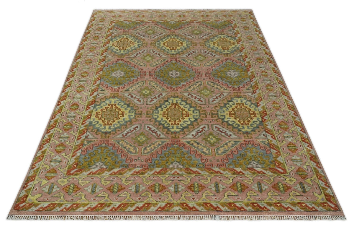 Peach, Mustard, Brown and Gray Oriental Hand Knotted Multi Size Wool Area Rug, Living Room and Bedroom Rug.