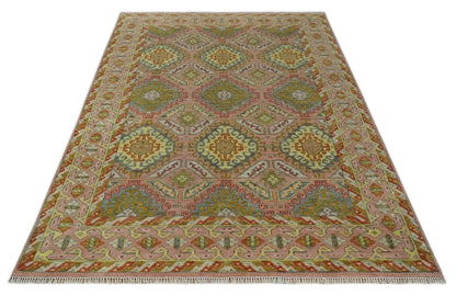 Peach, Mustard, Brown and Gray Oriental Hand Knotted Multi Size Wool Area Rug, Living Room and Bedroom Rug.