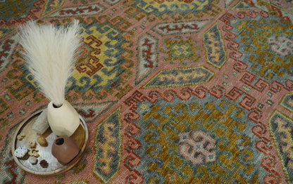 Peach, Mustard, Brown and Gray Oriental Hand Knotted Multi Size Wool Area Rug, Living Room and Bedroom Rug.