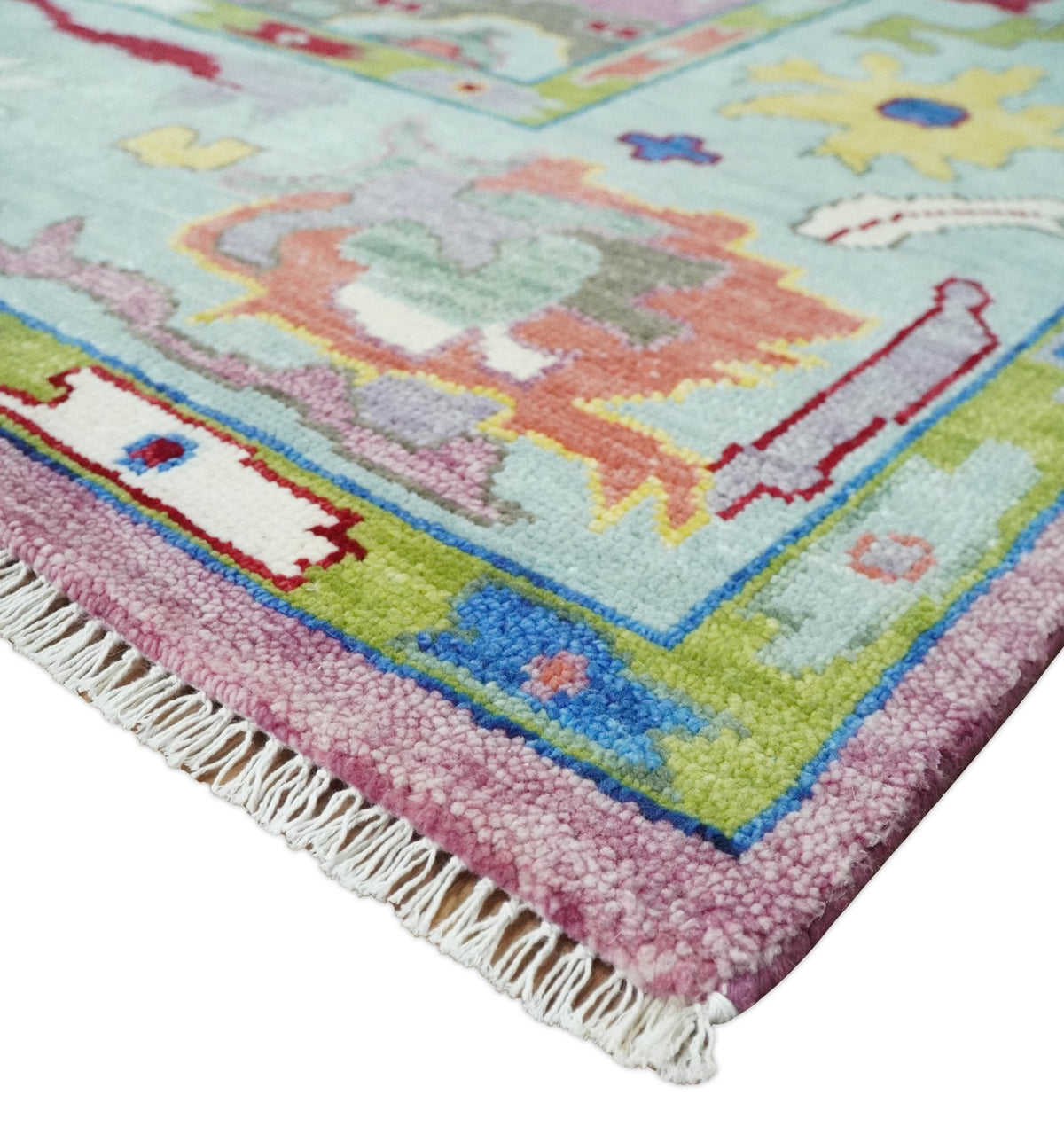 Colorful Hand knotted Traditional Oushak Pink And Ivory Custom Made wool Area Rug.