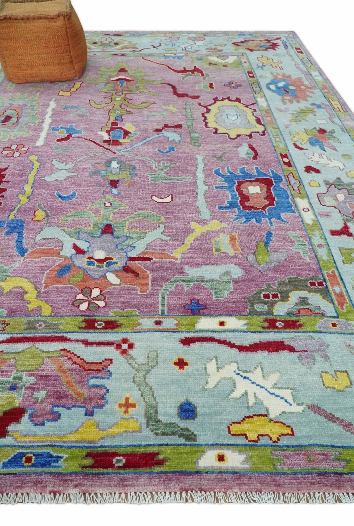 Colorful Hand knotted Traditional Oushak Pink And Ivory Custom Made wool Area Rug.