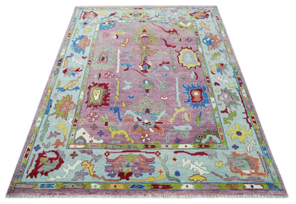 Colorful Hand knotted Traditional Oushak Pink And Ivory Custom Made wool Area Rug.
