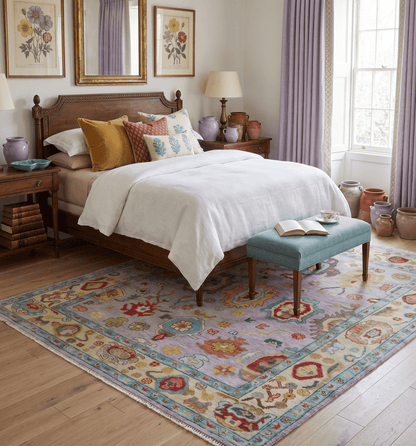 Pink and Beige Vibrant Colorful Hand knotted Traditional Oushak  Area Rug.