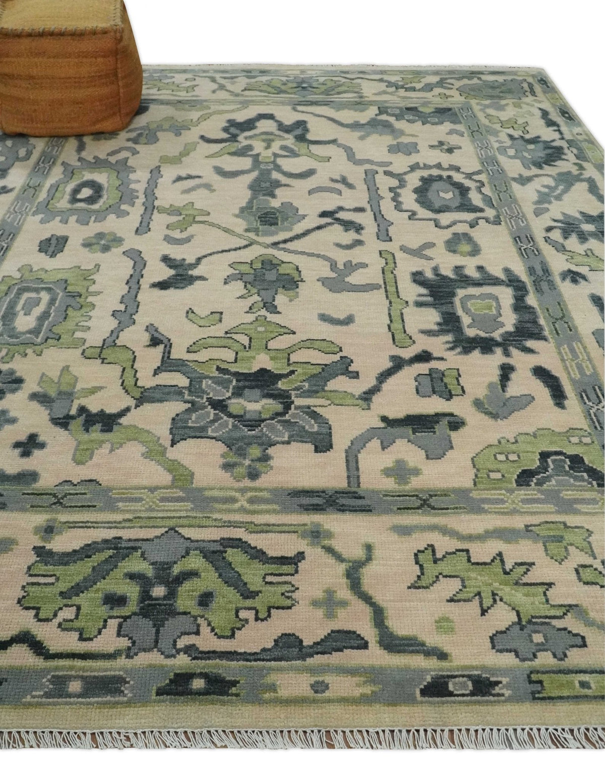Beige, Charcoal and Green Hand knotted Oushak Traditional Wool Area Rug.