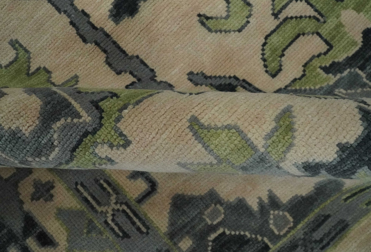 Beige, Charcoal and Green Hand knotted Oushak Traditional Wool Area Rug.