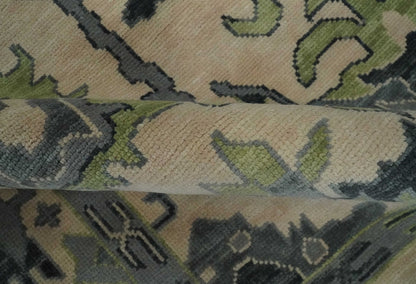 Beige, Charcoal and Green Hand knotted Oushak Traditional Wool Area Rug.