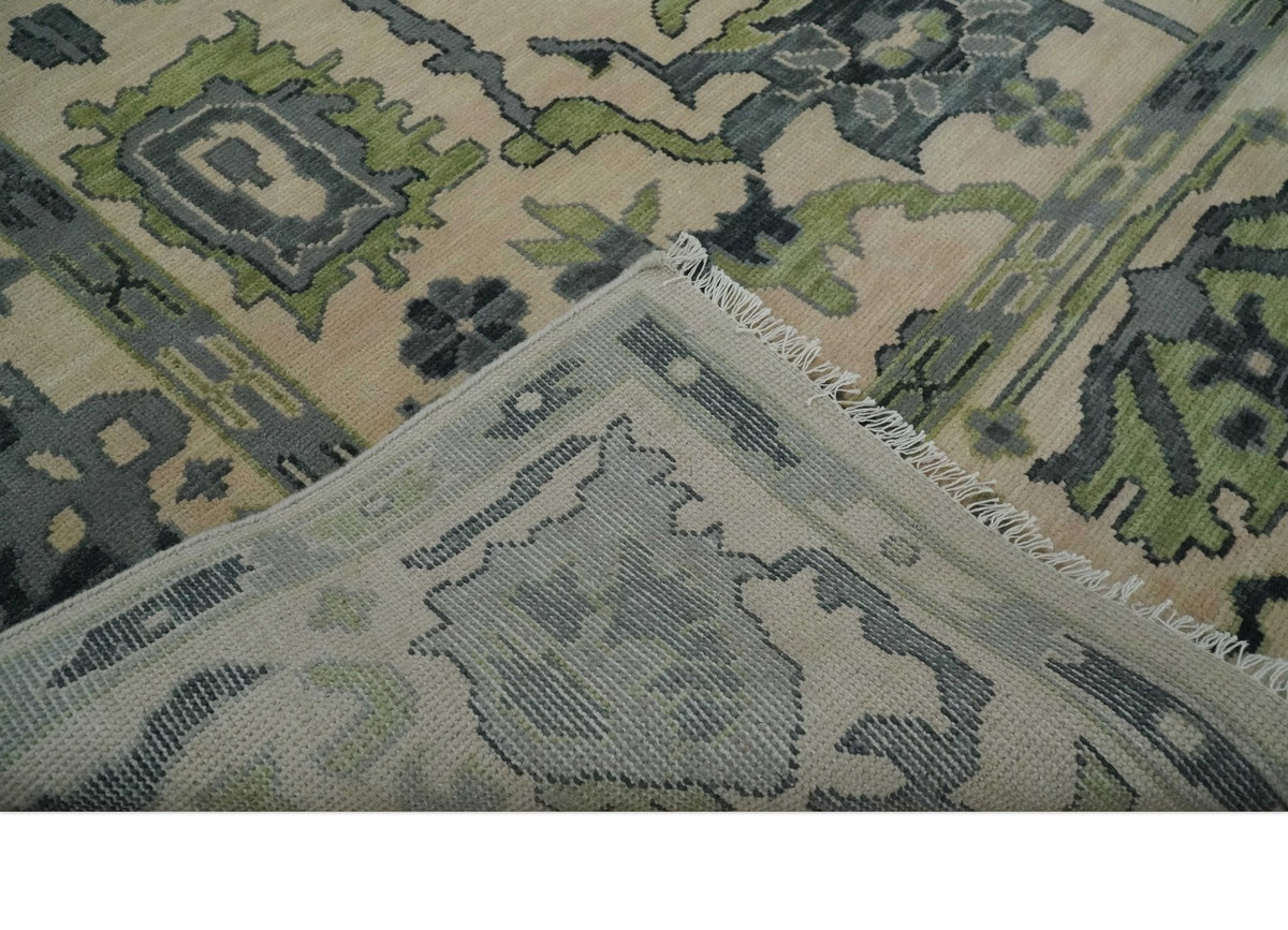 Beige, Charcoal and Green Hand knotted Oushak Traditional Wool Area Rug.