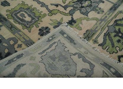 Beige, Charcoal and Green Hand knotted Oushak Traditional Wool Area Rug.
