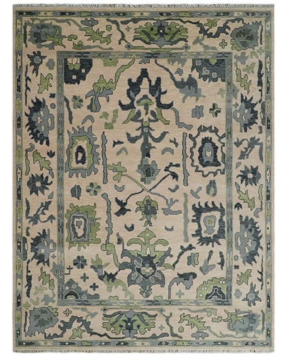 Beige, Charcoal and Green Hand knotted Oushak Traditional Wool Area Rug.