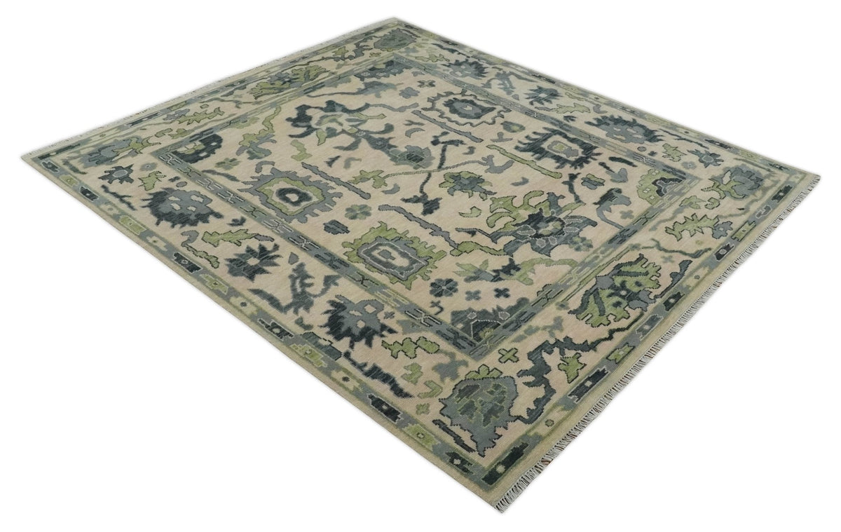Beige, Charcoal and Green Hand knotted Oushak Traditional Wool Area Rug.