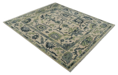 Beige, Charcoal and Green Hand knotted Oushak Traditional Wool Area Rug.