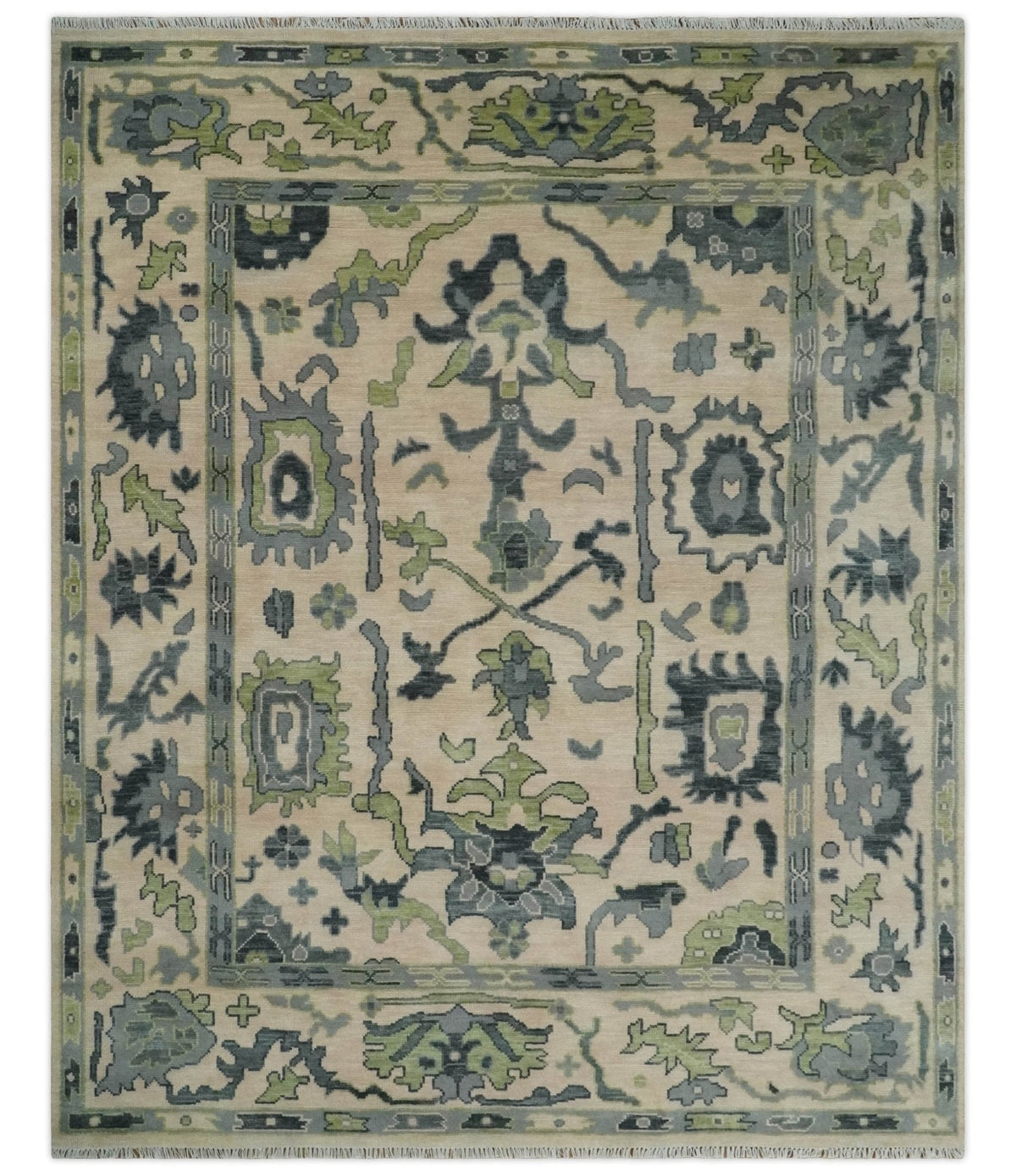 Beige, Charcoal and Green Hand knotted Oushak Traditional Wool Area Rug.
