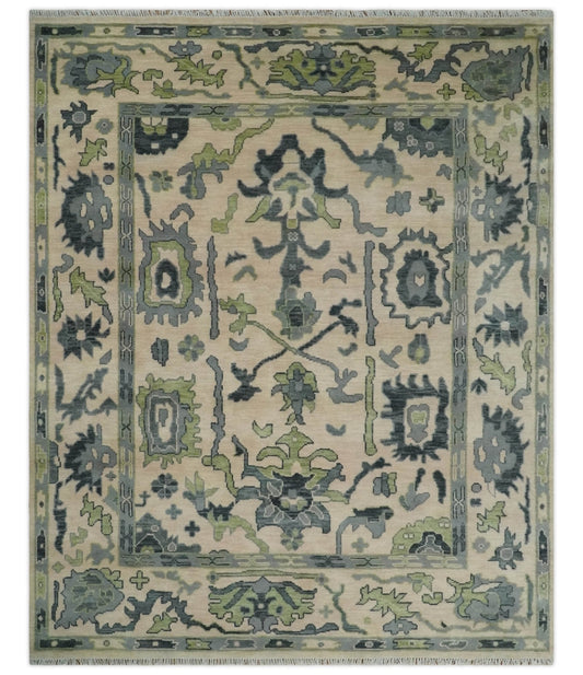 Beige, Charcoal and Green Hand knotted Oushak Traditional Wool Area Rug.