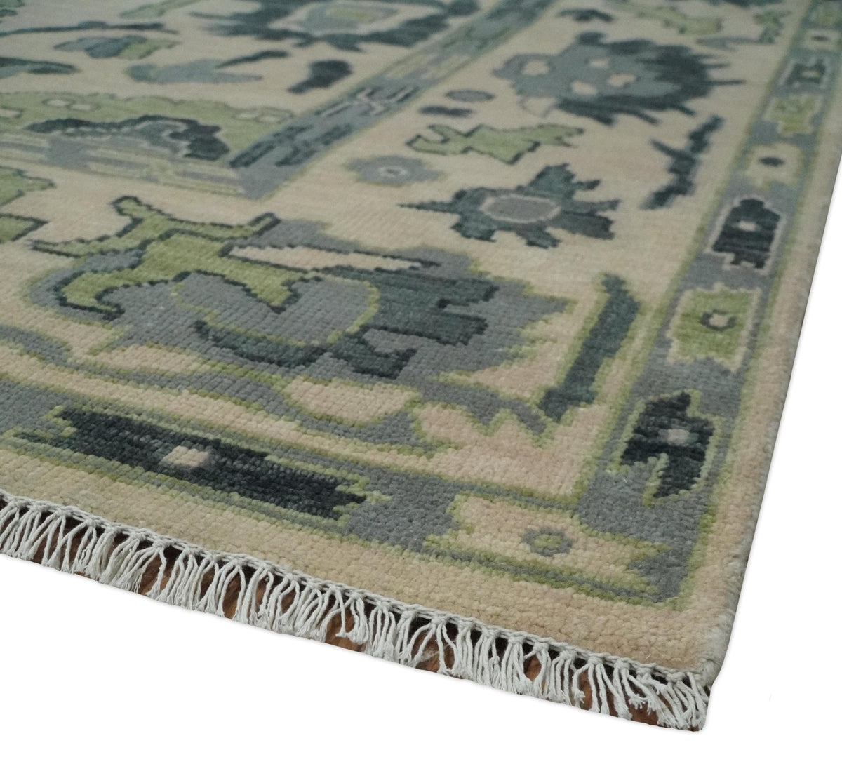 Beige, Charcoal and Green Hand knotted Oushak Traditional Wool Area Rug.