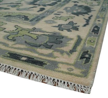Beige, Charcoal and Green Hand knotted Oushak Traditional Wool Area Rug.